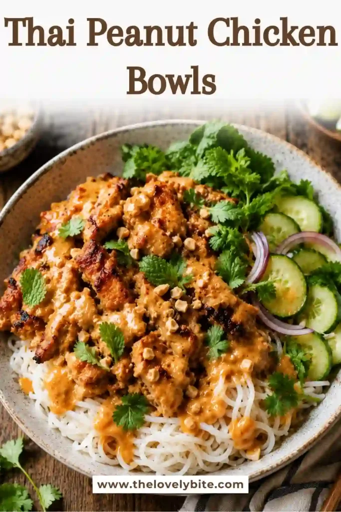Thai Peanut Chicken Bowls served with juicy marinated chicken, rice vermicelli noodles, cucumber salad, fresh herbs, and crushed peanuts. This colorful Thai-inspired meal is fresh, creamy, and perfect for an easy dinner.