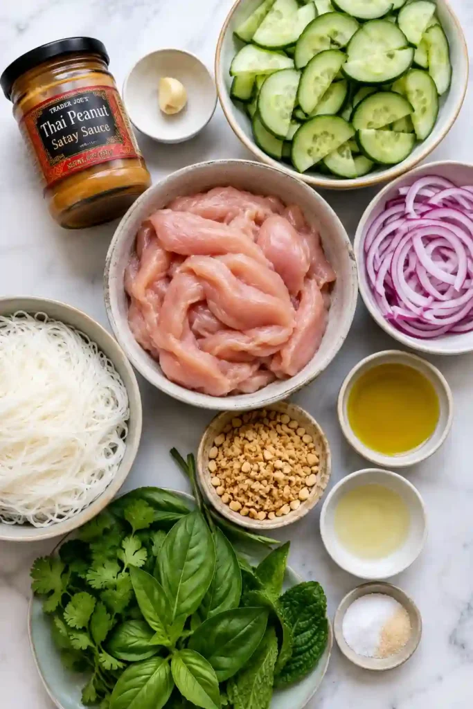 Fresh Thai Peanut Chicken Bowls with golden chicken, cucumber salad, herbs, and rich peanut dressing served over vermicelli noodles. Perfect for meal prep and family dinners.