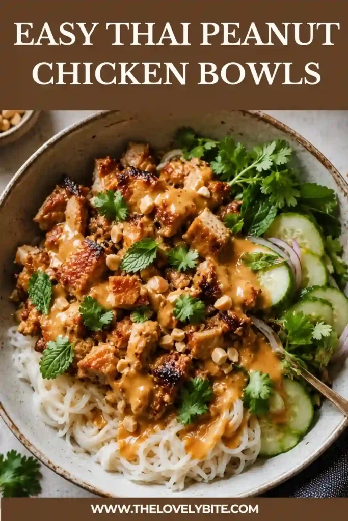 A healthy chicken bowl featuring caramelized peanut chicken, crisp cucumbers, fragrant herbs, and rice noodles topped with creamy peanut sauce. Every ingredient adds vibrant color and texture.