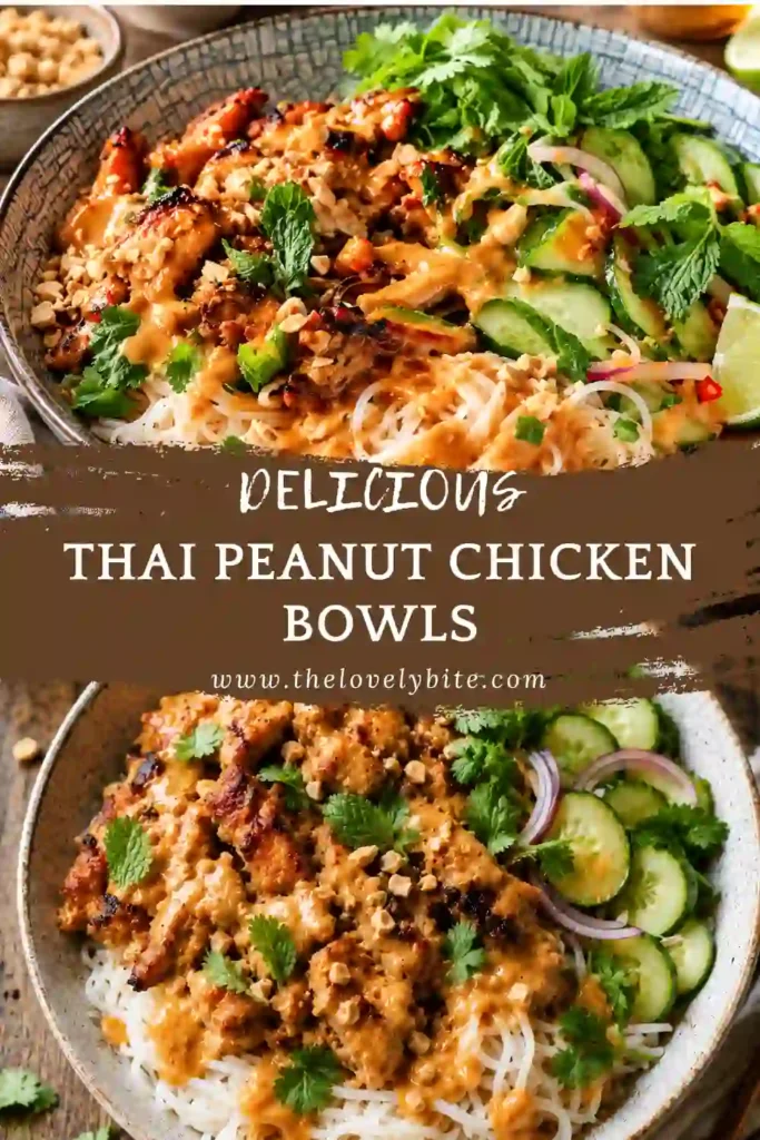 Close-up of Thai Peanut Chicken Bowls topped with fresh basil, cilantro, mint, crunchy peanuts, and silky rice noodles. A delicious homemade Thai-inspired recipe for weeknight dinners.