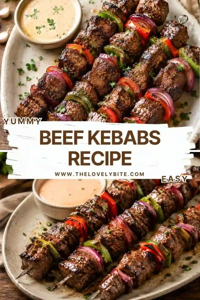 Homemade Beef Kebabs grilled to perfection with mushrooms, bell peppers, and onions.