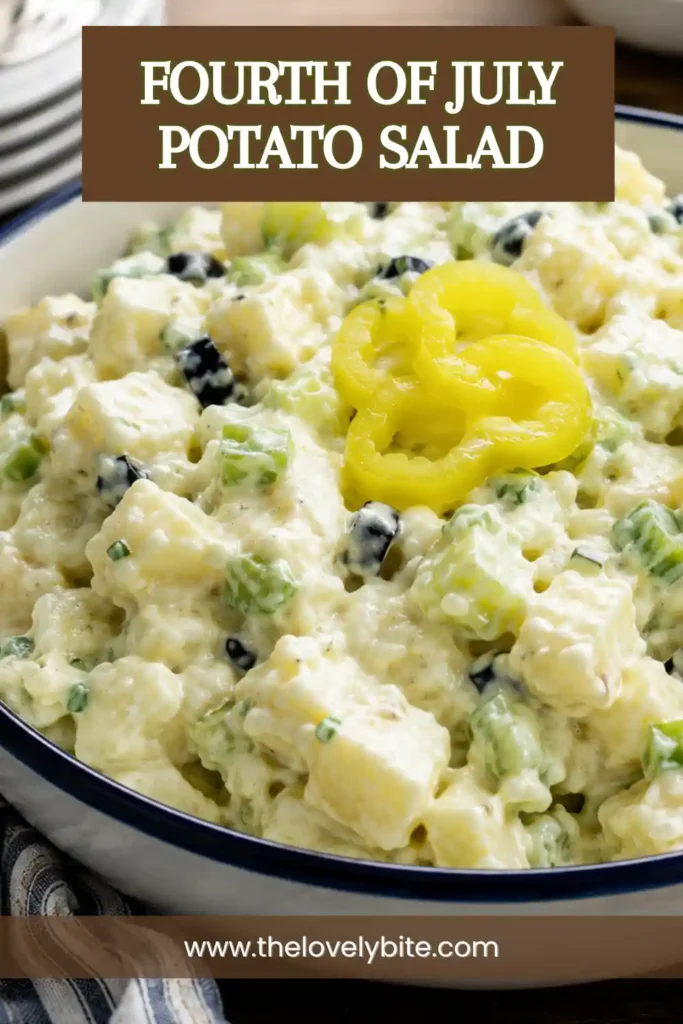 Freshly prepared Fourth of July Potato Salad with eggs, olives, onions, and pickles in a creamy dressing. A favorite holiday side dish for barbecues and cookouts.