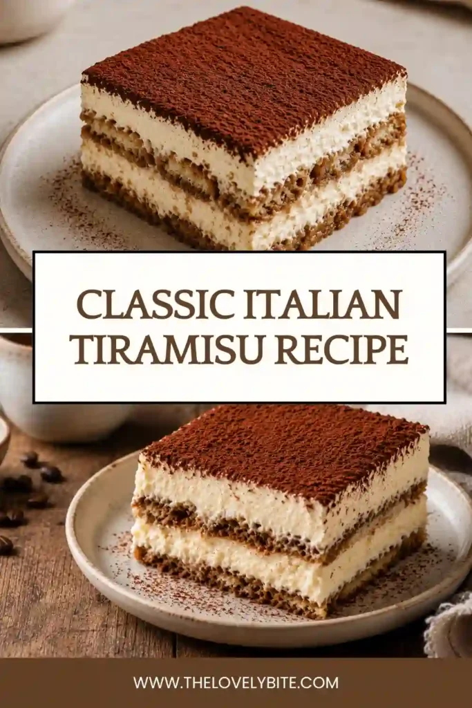 Homemade Classic Italian Tiramisu Recipe served in a baking dish with velvety mascarpone filling and espresso-soaked ladyfingers. Finished with generous cocoa powder for authentic flavor.