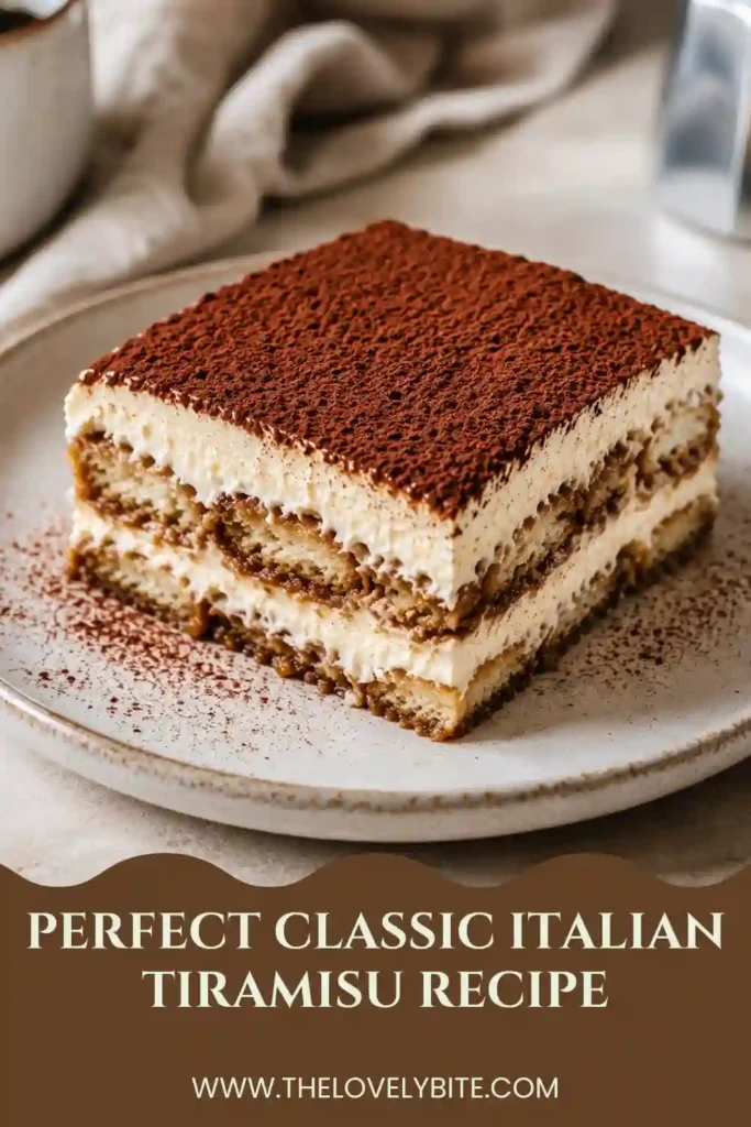 Close-up of a creamy Classic Italian Tiramisu Recipe featuring layers of mascarpone cream, coffee-infused ladyfingers, and cocoa topping. A traditional no-bake Italian dessert.