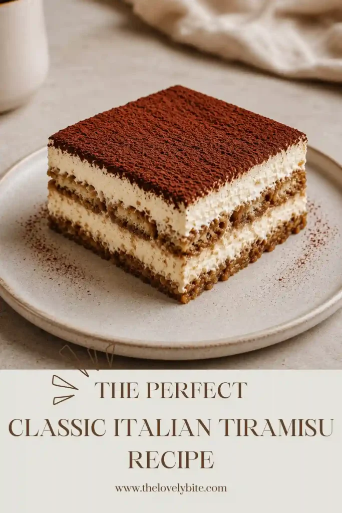 Beautiful homemade Classic Italian Tiramisu Recipe sliced and plated with soft mascarpone layers and cocoa powder. A delicious coffee dessert perfect for entertaining.