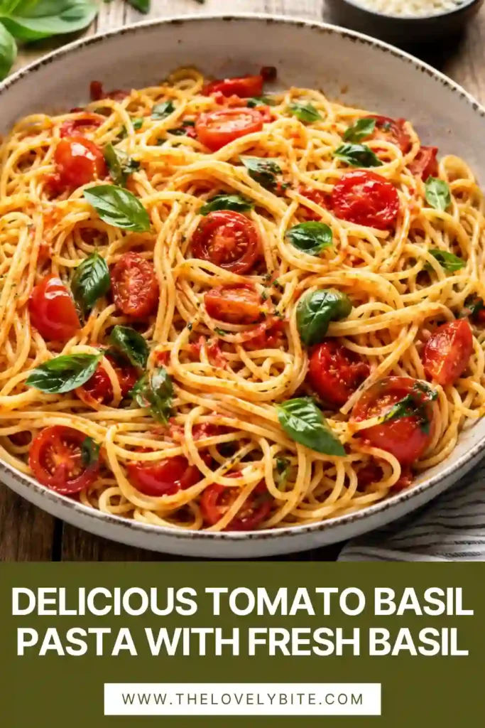 A bowl of Tomato Basil Pasta tossed with juicy cherry tomatoes, fresh basil, garlic, and grated Parmesan cheese. This colorful vegetarian pasta is light, fresh, and perfect for a quick family dinner.