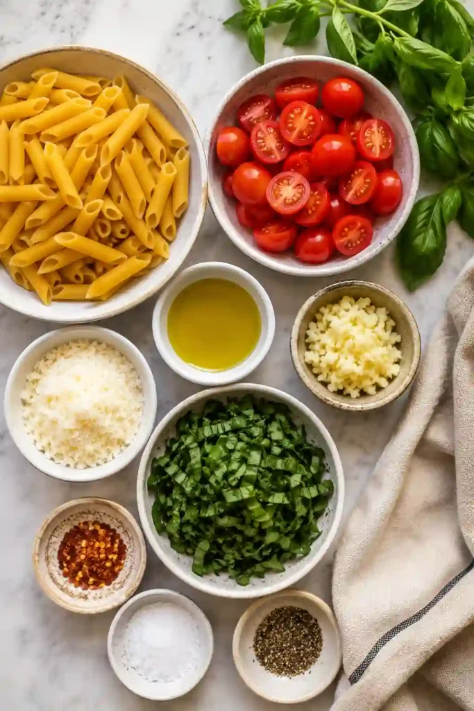 A rustic serving of Tomato Basil Pasta topped with Parmesan cheese, Italian seasoning, and fresh basil leaves. The colorful pasta is served warm with homemade garlic bread.