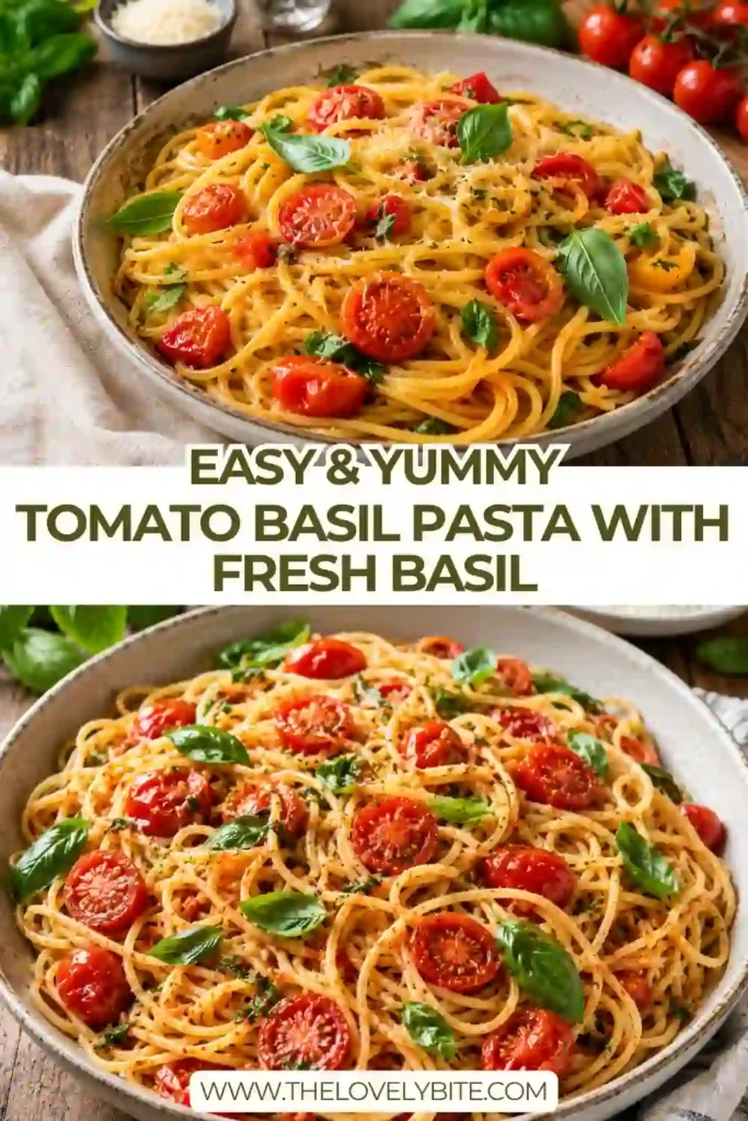 Close-up of homemade Tomato Basil Pasta garnished with fresh basil leaves and grated Parmesan cheese. The pasta is coated in a fresh tomato garlic sauce.