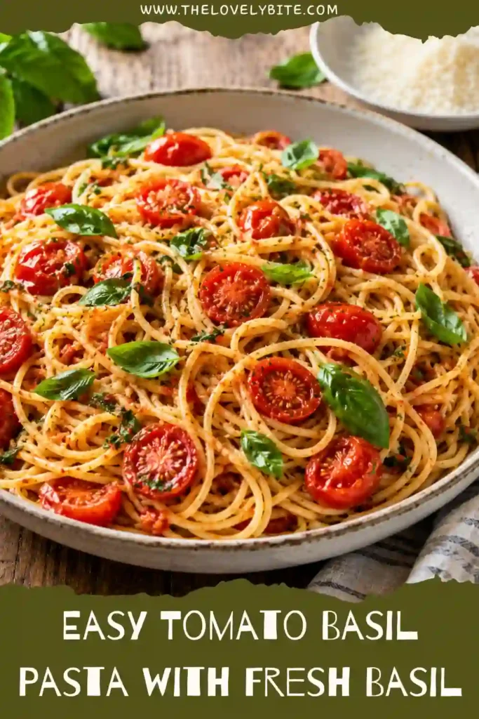 Fresh Tomato Basil Pasta served in a white bowl with garlic toast and basil garnish. The pasta features juicy roasted cherry tomatoes and melted Parmesan.