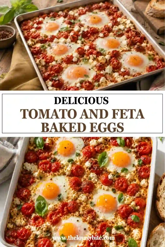 Tomato and Feta Baked Eggs baked with juicy roasted tomatoes, creamy feta cheese, and fresh basil. This Mediterranean breakfast is colorful, wholesome, and served with toasted country bread.