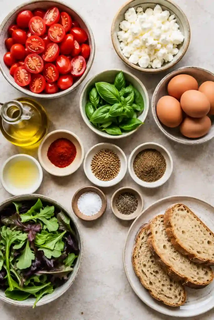 Mediterranean baked eggs featuring roasted grape tomatoes, crumbled feta cheese, and fresh basil. Served with crisp salad and toasted bread for a complete brunch.