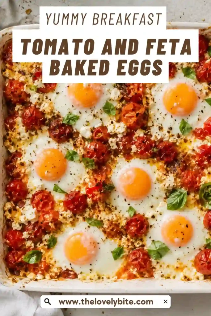 Fresh baked eggs with feta nestled among roasted tomatoes and herbs on a baking tray. A simple Mediterranean brunch recipe served with mixed greens.