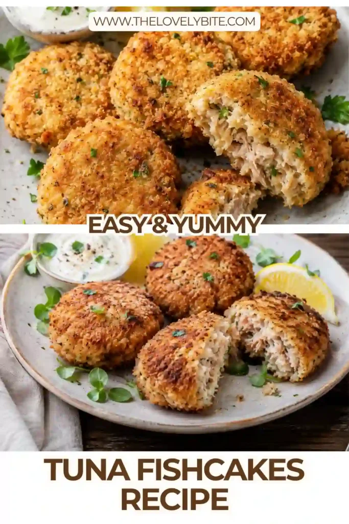 Golden baked tuna patties arranged on a serving plate with fresh herbs and lemon slices. This easy Tuna Fishcakes Recipe is perfect for weeknight dinners.