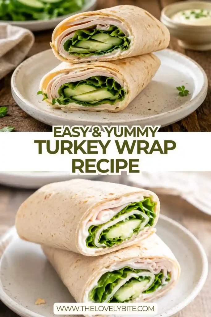 Healthy Turkey Wrap sliced in half to reveal turkey, avocado, fresh vegetables, and herb cream cheese.