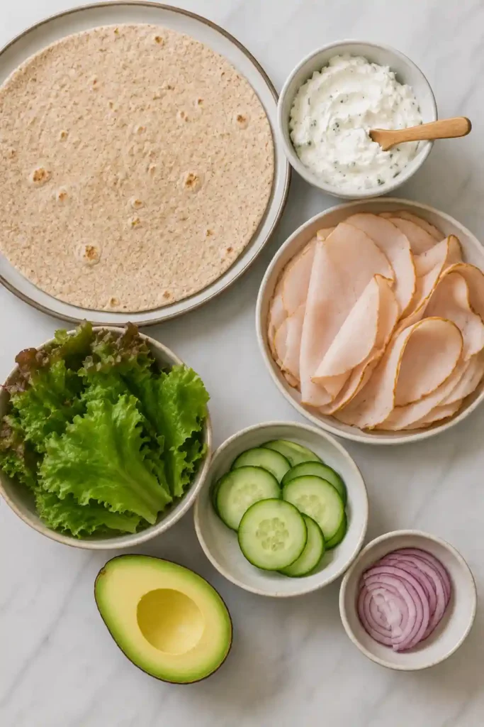 Homemade Turkey Wrap with lean turkey, crisp lettuce, cucumber, and avocado on a wooden serving board.