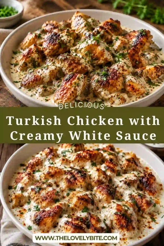 Creamy Turkish chicken served over fluffy rice with fresh parsley. This comforting chicken in white sauce features juicy chicken breasts and a smooth homemade cream sauce.