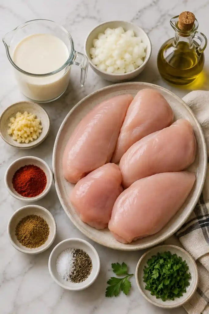 Turkish Chicken with Creamy White Sauce served in a skillet with fresh parsley garnish. Tender chicken is coated in a rich and velvety cream sauce perfect for an easy family dinner.