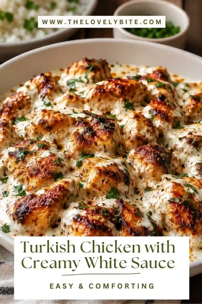 Close-up of Turkish Chicken with Creamy White Sauce topped with chopped parsley. The creamy sauce and golden chicken create an inviting and comforting meal.