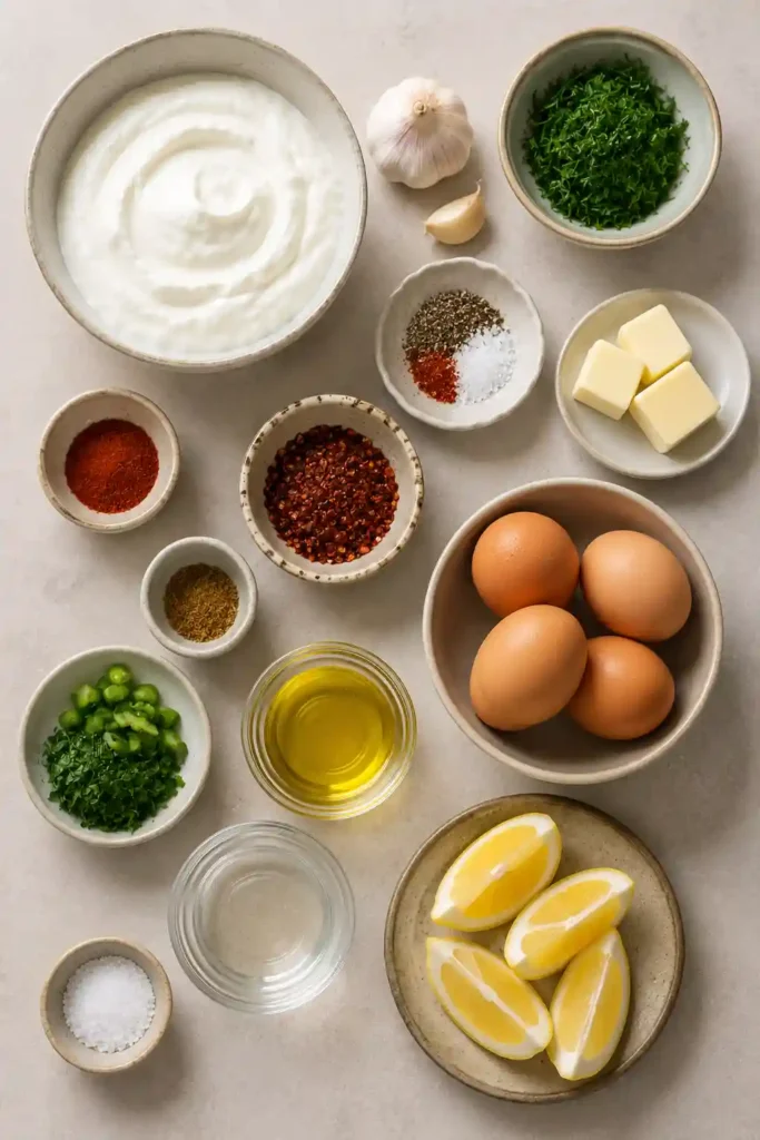 Mediterranean-style Turkish Eggs (Cilbir) garnished with fresh dill and served alongside warm toasted bread for dipping into creamy yogurt and runny egg yolks.