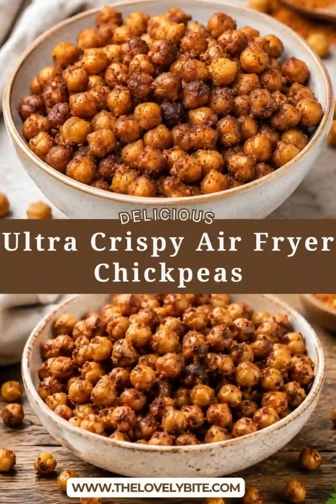 Crunchy seasoned chickpeas freshly cooked in the air fryer and served in a small snack bowl with paprika and herbs.