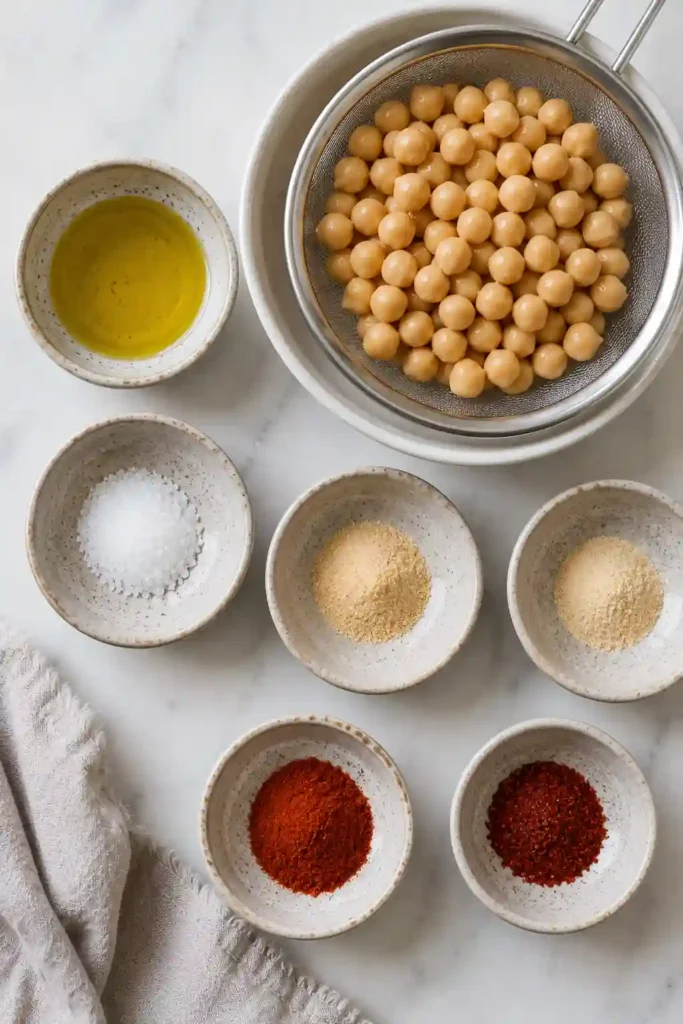 Crispy air fryer chickpeas coated in garlic, onion powder, paprika, and olive oil for an easy healthy snack recipe.