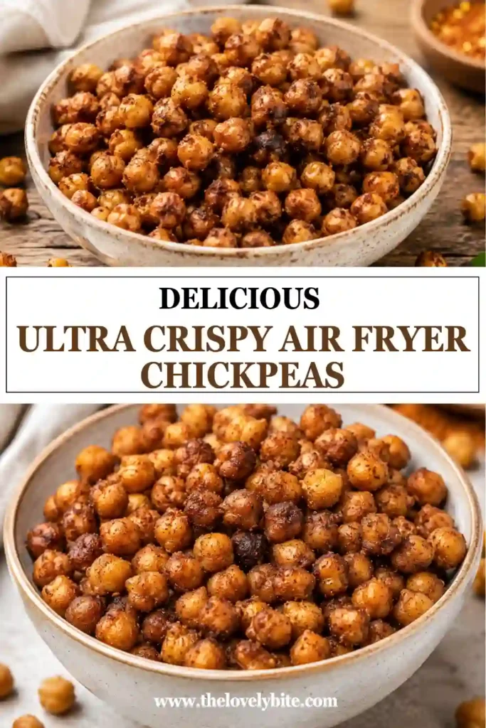 Golden roasted chickpeas cooked in the air fryer with savory spices and olive oil. A high-protein vegan snack perfect for meal prep.