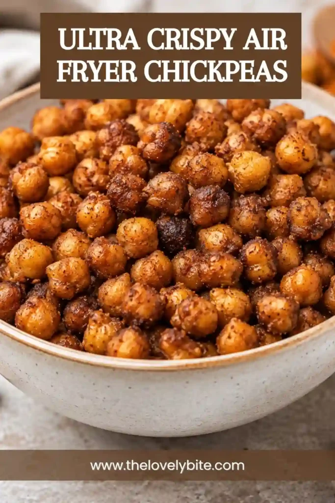 Ultra Crispy Air Fryer Chickpeas seasoned with paprika and garlic powder served in a rustic bowl. A healthy, crunchy snack made in the air fryer.