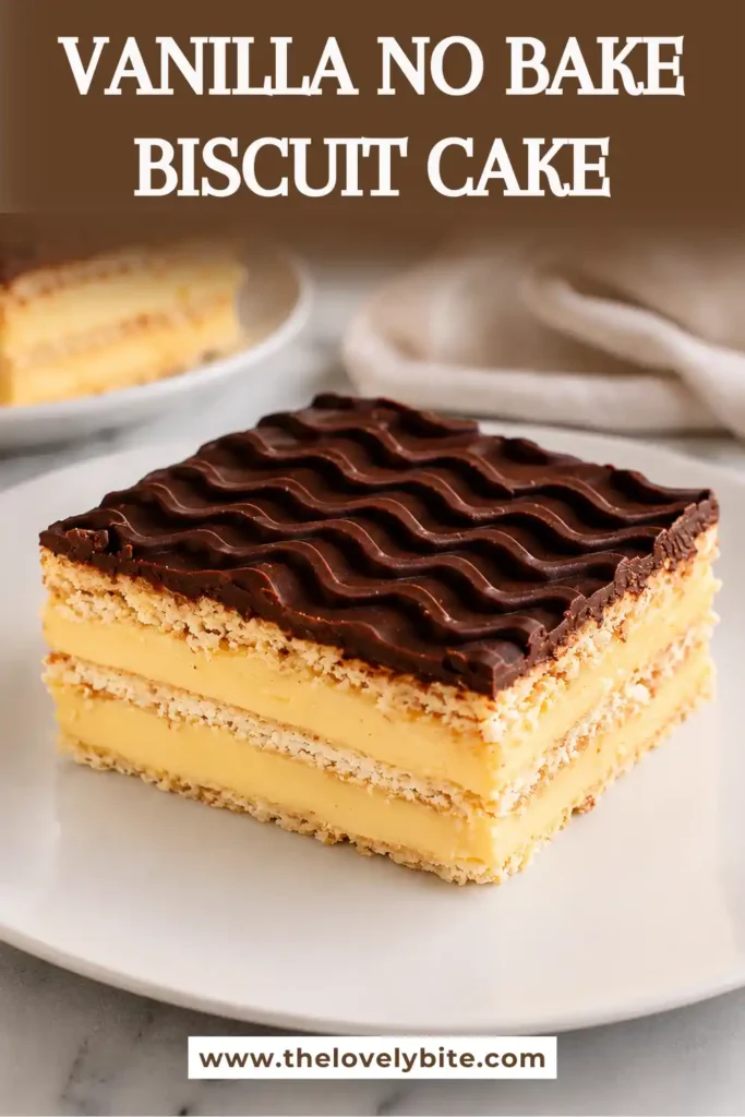 Close-up of a chilled no-bake biscuit cake topped with smooth chocolate and layered with vanilla custard. A perfect make-ahead dessert for celebrations.