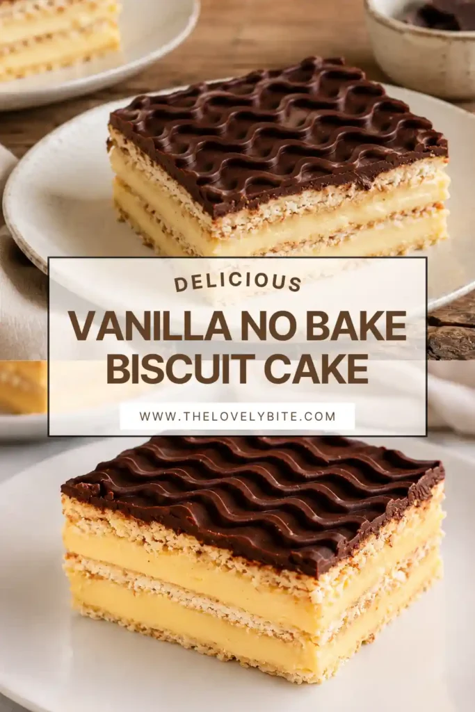 Homemade Vanilla No Bake Biscuit Cake with rich vanilla filling and chocolate glaze. The layered dessert has clean slices and a creamy, elegant texture.