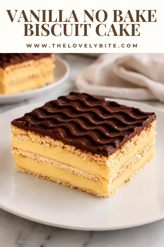 A slice of Vanilla No Bake Biscuit Cake showing layers of creamy vanilla custard, softened digestive biscuits, and glossy chocolate topping. Served chilled on a white dessert plate.