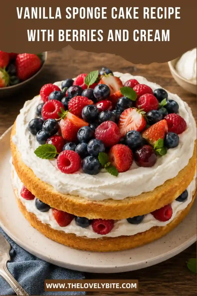 A close-up slice of vanilla sponge cake filled with whipped cream and fresh berries on a dessert plate.