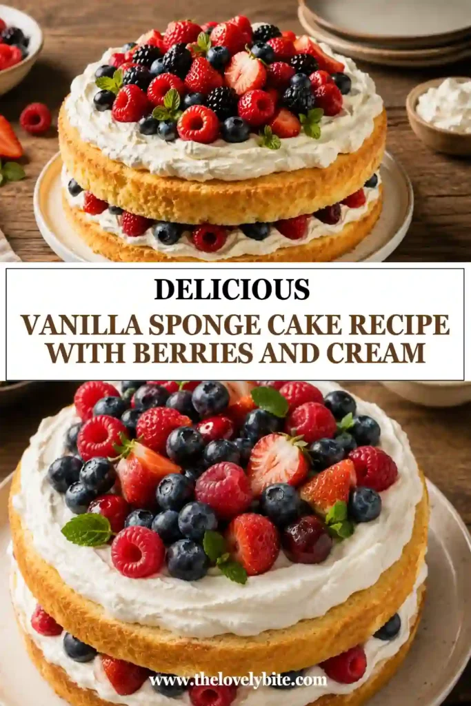 Fresh berry vanilla sponge cake served on a white cake stand with whipped cream frosting and mixed berries decorating the top.