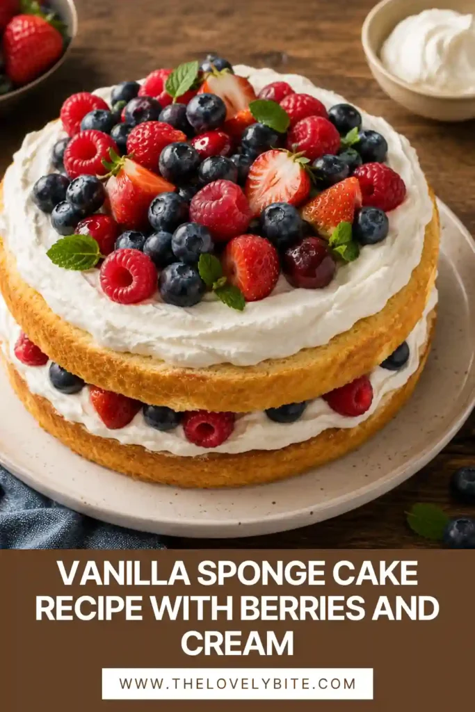 A homemade Vanilla Sponge Cake layered with whipped cream and fresh strawberries, blueberries, raspberries, and blackberries. The cake is topped with berries and lightly dusted with powdered sugar.