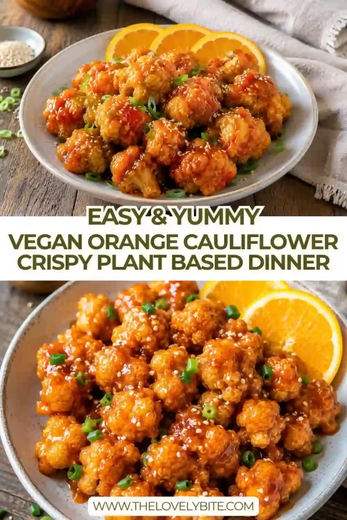 A bowl of crispy Vegan Orange Cauliflower served over steamed rice and topped with sesame seeds and fresh orange slices. The glossy citrus glaze creates a vibrant and flavorful plant-based dinner.