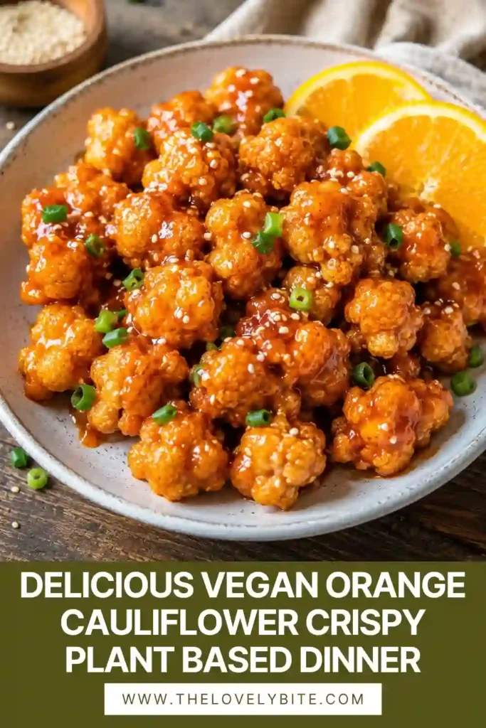 Fresh Vegan Orange Cauliflower served with fluffy rice and bright orange slices. Crispy battered cauliflower is covered in a sweet and tangy citrus sauce.