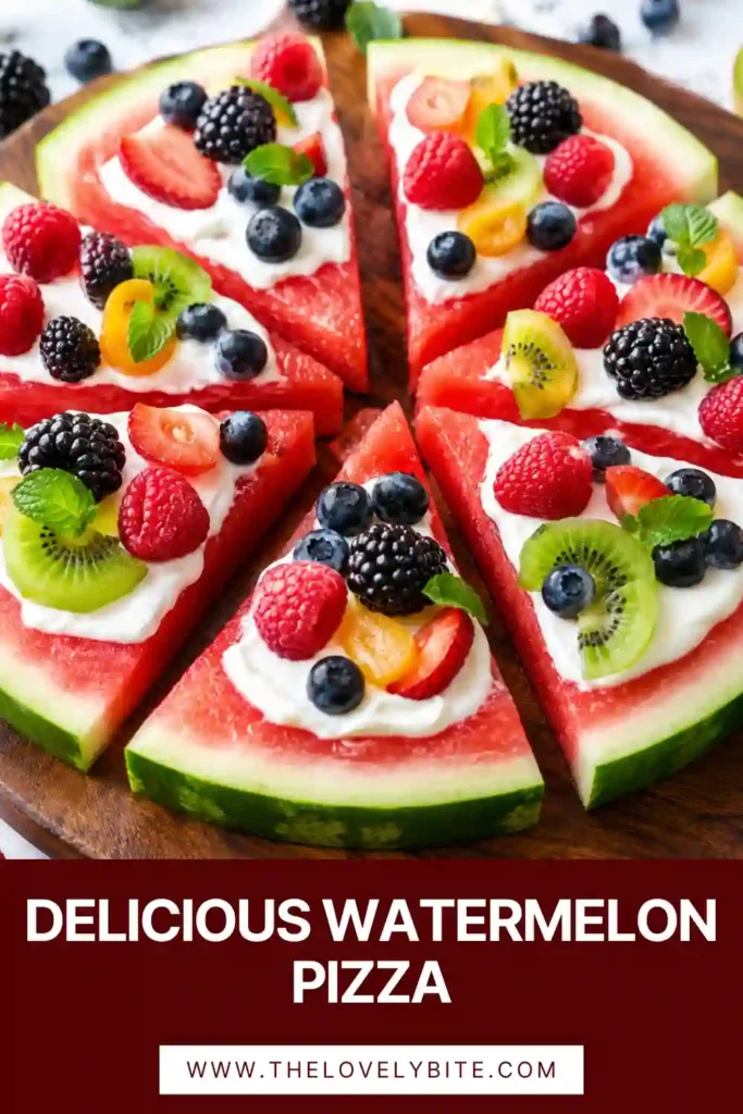 Fresh Watermelon Pizza topped with cream cheese glaze, strawberries, blueberries, kiwi, and raspberries. This colorful no-bake fruit pizza is a refreshing healthy summer dessert.