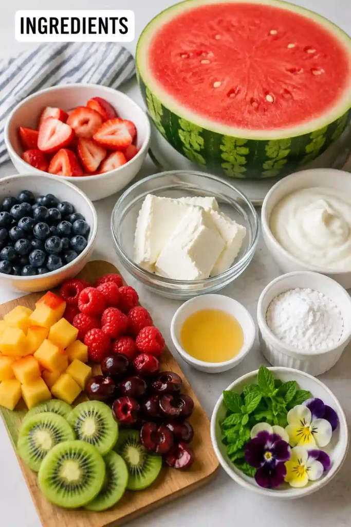 Colorful Watermelon Pizza garnished with strawberries, blueberries, kiwi, cherries, and mint leaves. A fresh no-bake fruit pizza for summer celebrations.