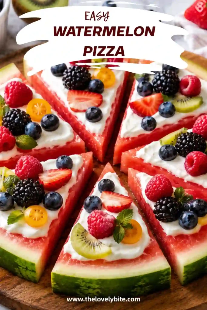 A sliced watermelon pizza decorated with fresh seasonal fruit and creamy yogurt frosting. Perfect for summer entertaining and healthy desserts.