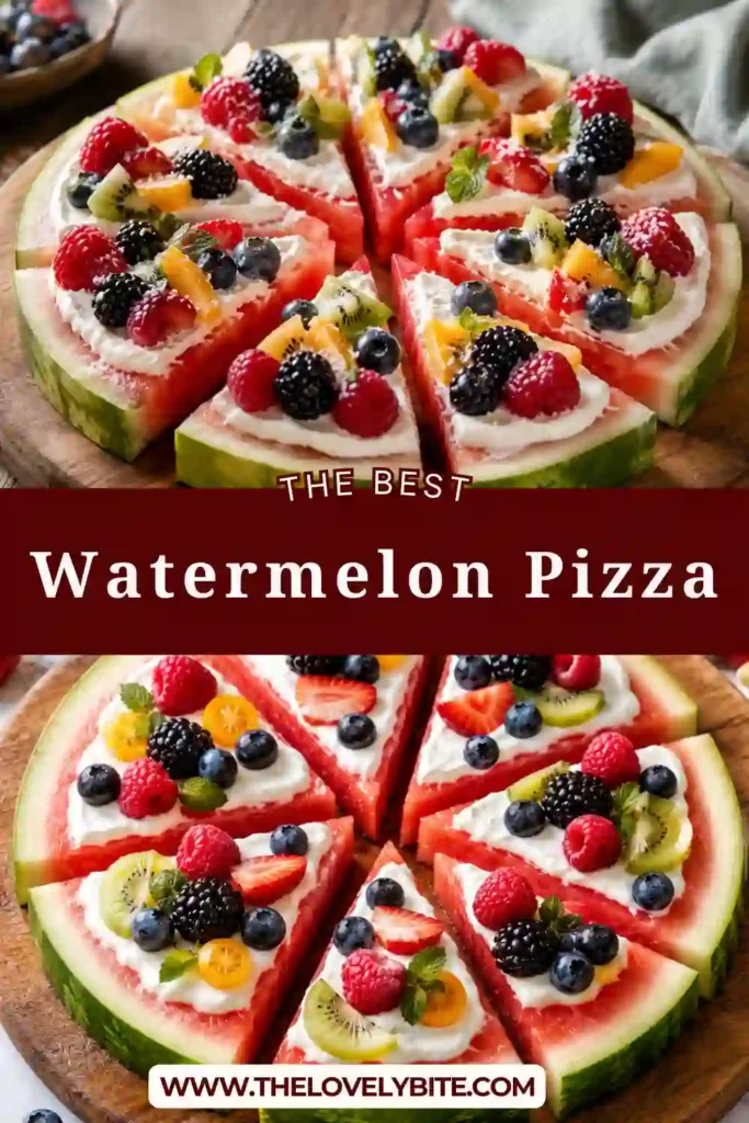 Easy Watermelon Pizza made with juicy watermelon, cream cheese glaze, and colorful fruit toppings. A refreshing watermelon dessert for warm weather.