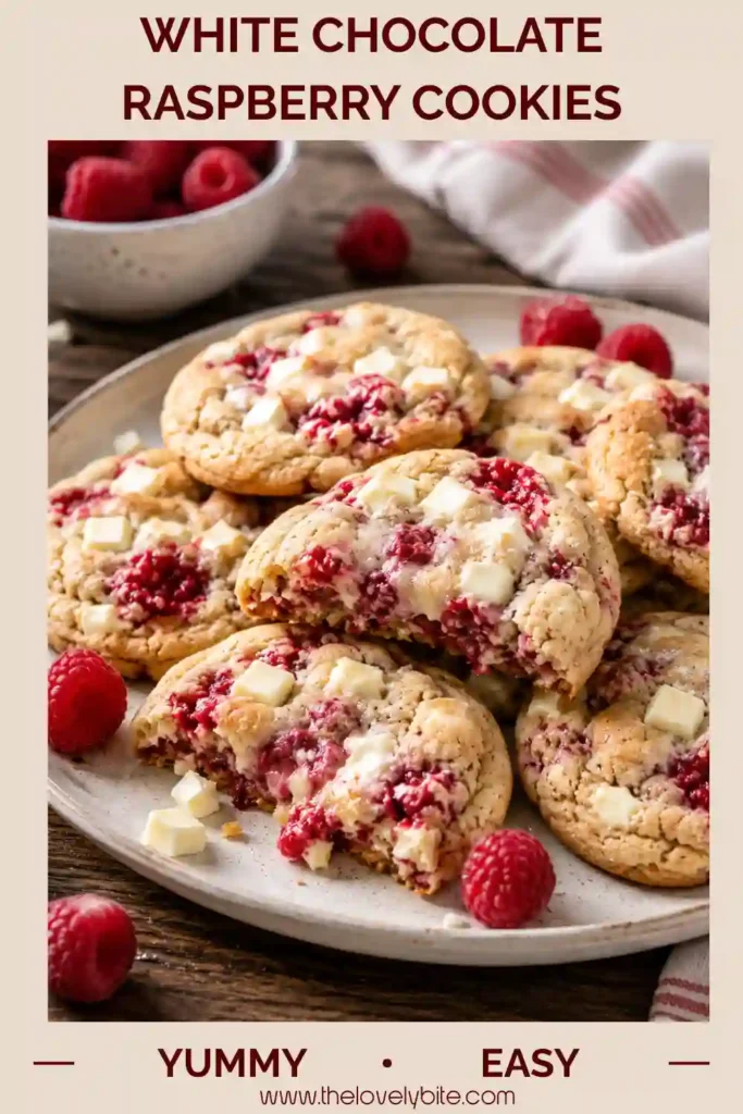 3. Homemade raspberry cookies with creamy white chocolate pieces and vibrant raspberry swirls, photographed in soft natural lighting.