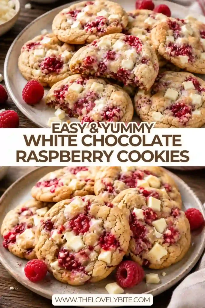2. Bakery-style White Chocolate Raspberry Cookies with golden edges, chewy centers, and fresh raspberries arranged on a rustic wooden board.