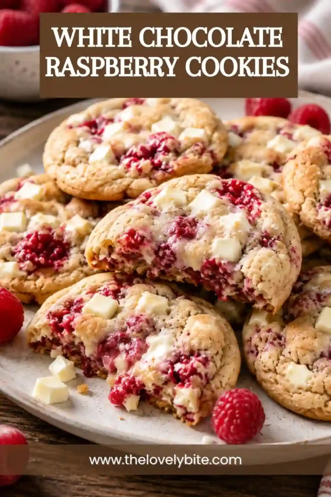 1. Soft White Chocolate Raspberry Cookies filled with juicy raspberries and chunks of melted white chocolate, stacked on a cooling rack in natural light.