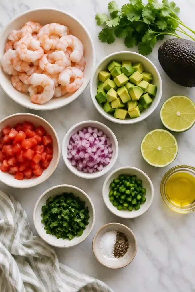 Homemade lime shrimp recipe featuring cooked shrimp, ripe avocado, tomatoes, cilantro, and fresh citrus dressing. A nutritious and easy summer salad recipe.