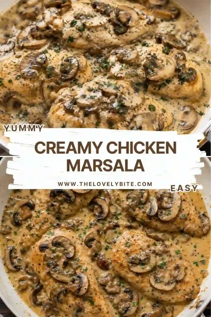 A skillet of creamy chicken marsala featuring tender chicken breasts, sautéed mushrooms, and a rich cream sauce. The dish is garnished with fresh parsley for a fresh, colorful finish.