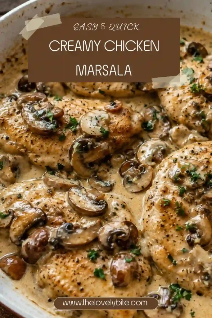 Creamy chicken marsala served with tender chicken and mushrooms in a thick, savory cream sauce. The comforting dish is garnished with chopped parsley and ready for a family dinner.