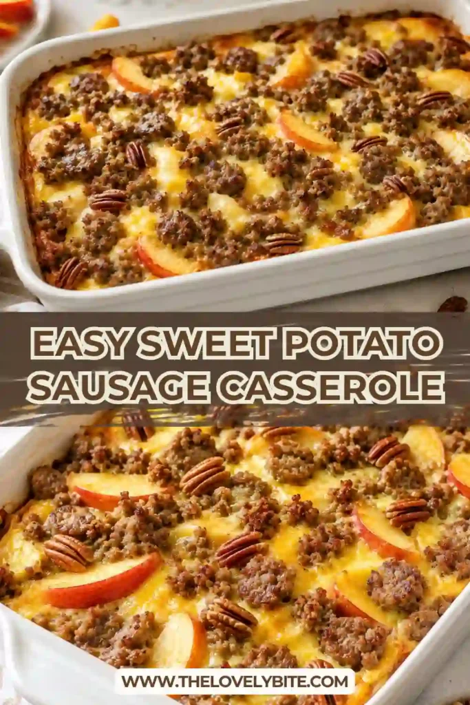 Sweet potato sausage casserole layered with tender sweet potatoes, browned beef sausage, sliced apples, pecans, and melted cheddar cheese. The golden baked casserole has colorful autumn-inspired layers and a crisp, cheesy topping.