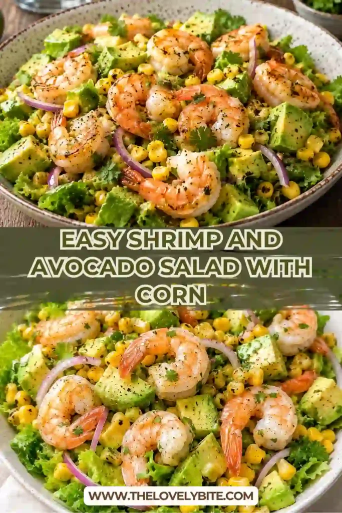 Fresh Shrimp and Avocado Salad with Corn served in a large bowl with cherry tomatoes, jalapeños, and cilantro. This colorful healthy shrimp salad is light, vibrant, and perfect for summer meals.