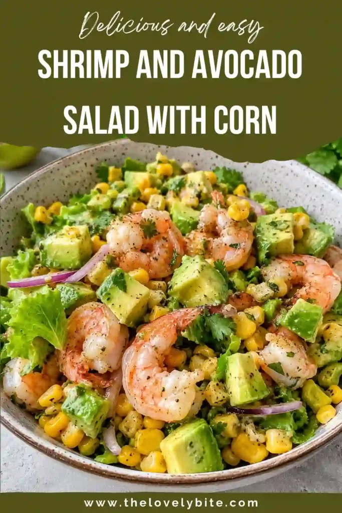 A bowl of avocado shrimp salad featuring cooked shrimp, corn, tomatoes, scallions, and fresh herbs. This gluten-free shrimp salad is colorful, nutritious, and easy to prepare.
