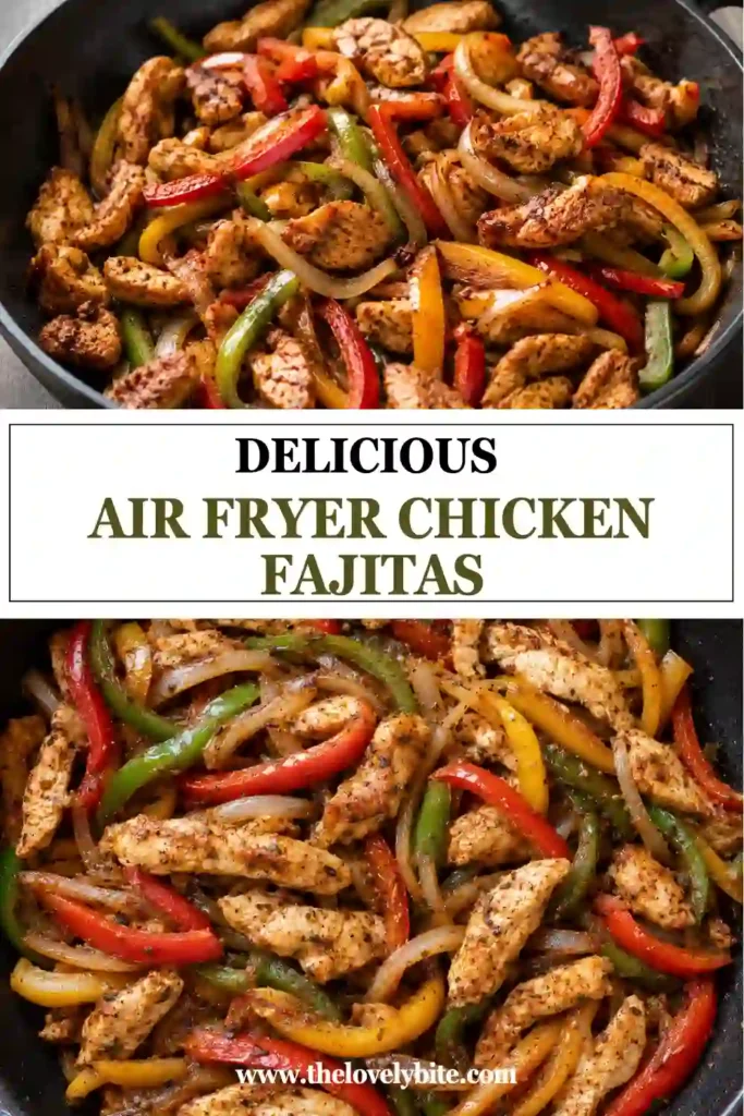 Air fryer chicken fajitas with sliced seasoned chicken, red and yellow bell peppers, and onions served in warm tortillas. The colorful chicken fajitas are topped with fresh lime and creamy guacamole for a flavorful dinner.