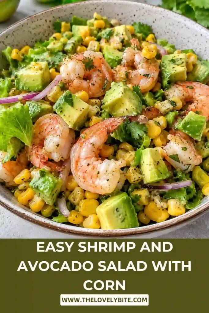 Colorful Shrimp and Avocado Salad with Corn topped with fresh cilantro and tossed in a light lemon dressing. A vibrant and healthy seafood salad for warm days.